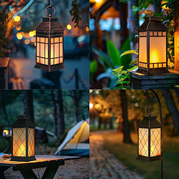 18'' Glass Solar Lantern Outdoor Waterproof, Large Hanging Solar Lanterns with Flickering Flame Lights, Metal Outdoor Lantern Decorative for Patio Garden Backyard Tabletop, Vintage Bronze