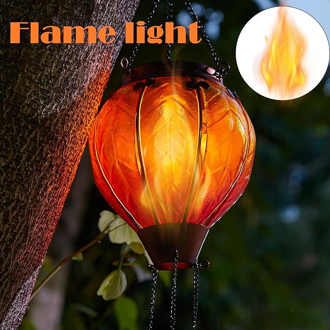 pearlstar Hot Air Balloon Solar Lantern with Flickering Flame Light Outdoor Solar Hanging Lights Waterproof for Garden Yard Farmhouse Patio Outside Decoration, Stained Glass Gradient Orange