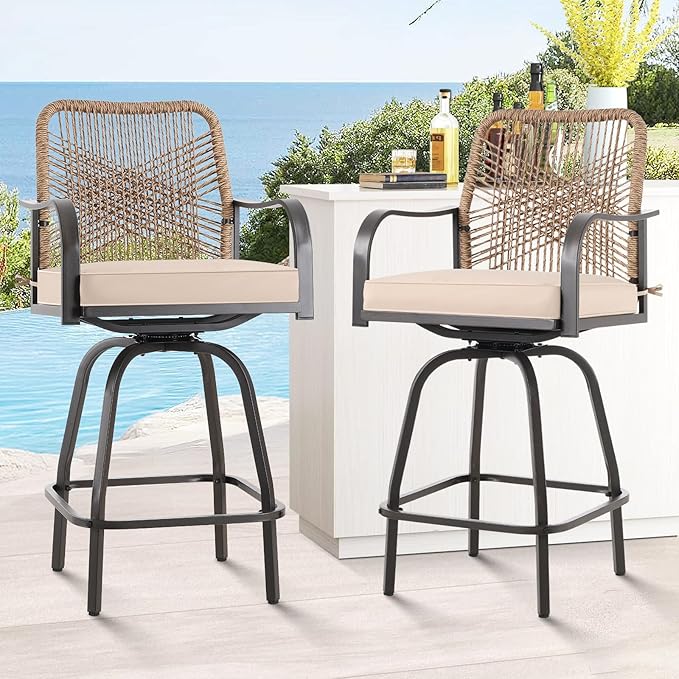 Outdoor Bar Stools Set of 6, Patio Swivel Counter Height Rattan Bar Stools, Patio Wicker Bar Swivel Chairs with Cushion, Outdoor Pool Bar Chairs for Backyard Garden Balcony w /360 Rotation