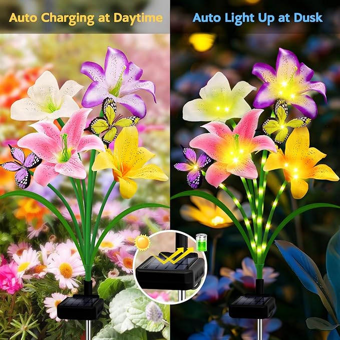 Solar Garden Lights 6 Pack 24 Lily Flowers with Butterfly Decor, Waterproof Solar Flower Lights for Outdoor - Upgraded Decorative Lilies for Yard, Patio, Pathway Decorations & Gardening Gifts