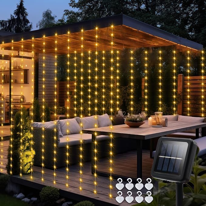 Solar Curtain Lights 7.9ft x 6ft 144 LED Outdoor Curtain Lights Waterproof with Timer 8 Modes for Christmas Garden Patio Fence Wedding Wall Window Gazebo Decor - Warm White