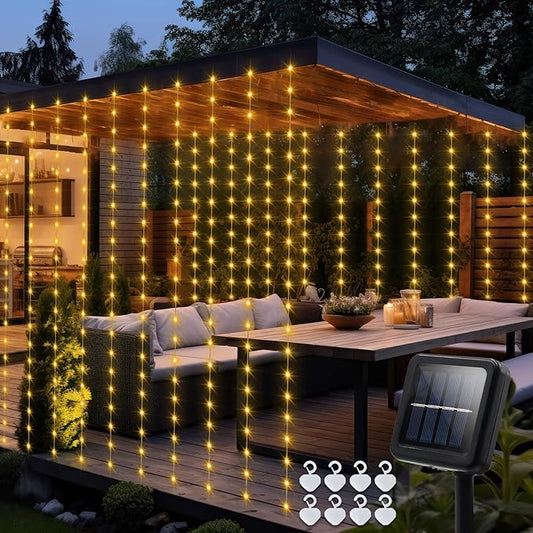 Solar Curtain Lights 7.9ft x 6ft 144 LED Outdoor Curtain Lights Waterproof with Timer 8 Modes for Christmas Garden Patio Fence Wedding Wall Window Gazebo Decor - Warm White