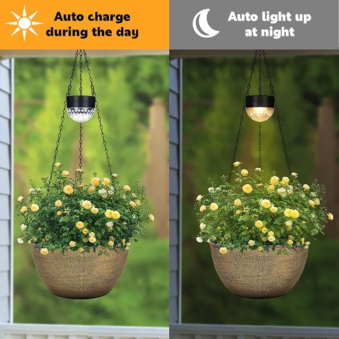 2 Packs Hanging Planters Basket for Outdoor Plants, Solar Powered Self Watering Copper Round Plastic Flower Pots with Drainer for Balcony Patio Garden Outdoor Decoration