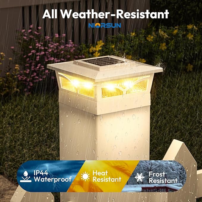 NIORSUN Solar Post Cap Lights Outdoor, 2 Modes LED, Deck Fence Post Solar Lights for 3.5x3.5 4x4 5x5 Post Caps Patio Garden Decoration, Solar Post Lights Warm White/Cool White Lighting White 12 Pack