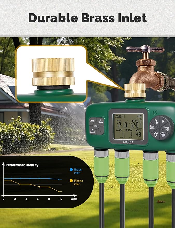 MOES 4 Outlet Sprinkler Timer, Brass Inlet, Programmable Automatic Irrigation Controller, Rain Delay, Manual Watering, 4 Zone Water Hose Timer for Gardens, Lawns, and Hose Systems