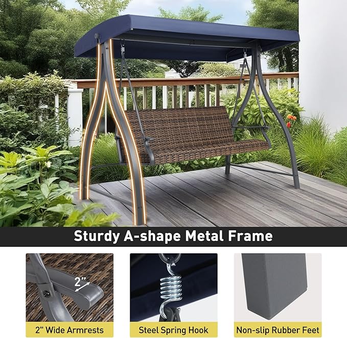 BPS 3 Seat Outdoor Porch Swing with Adjustable Canopy, PE Wicker Patio Swing Chair with Quick-Drying Foam Seat, 882 LBS Capacity, Proch Swings for Deck, Backyard, and Lawn, Dark Blue