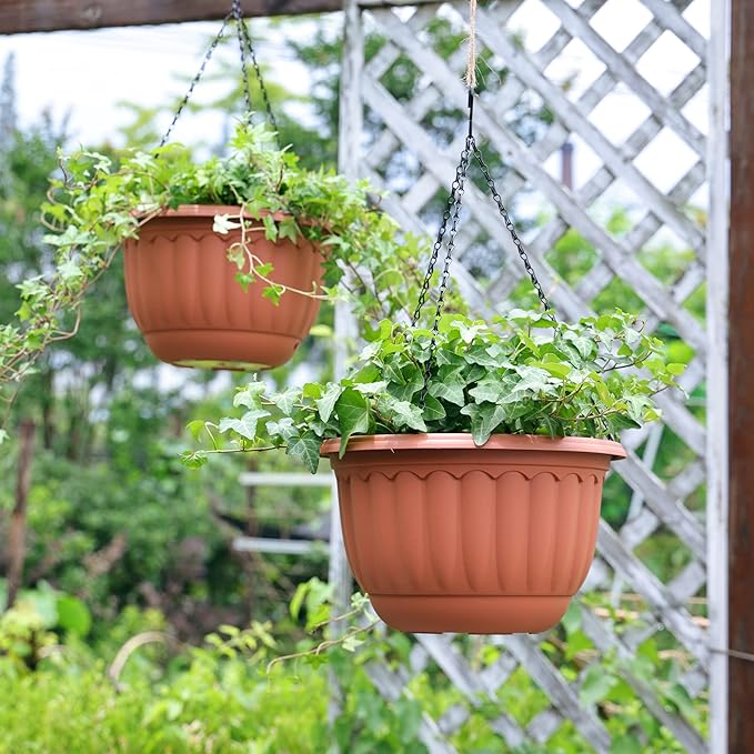 YIKUSH Hanging Planter for Indoor and Outdoor Plants 2 Pack 12 inch Flower Pot Plastic Plant Pot with Drainage Hole and Absorbing Tray（Terracotta）