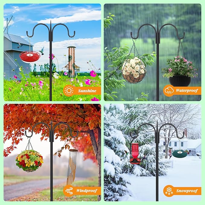 FEED GARDEN Adjustable Double Shepherds Hook for Outdoor with 5 Prong Base 63 Inch Heavy Duty Two Sided Bird Feeder Pole for Hanging Plant Baskets, Solar Light Lanterns, Wind Chimes 2 Pack