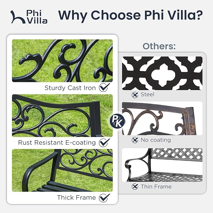 PHI VILLA 50-Inch Cast Iron Steel Frame Garden Bench Outdoor Patio Bench Chair w/Floral Design Backrest, Slatted Seat for Park, Yard & Porch, Black