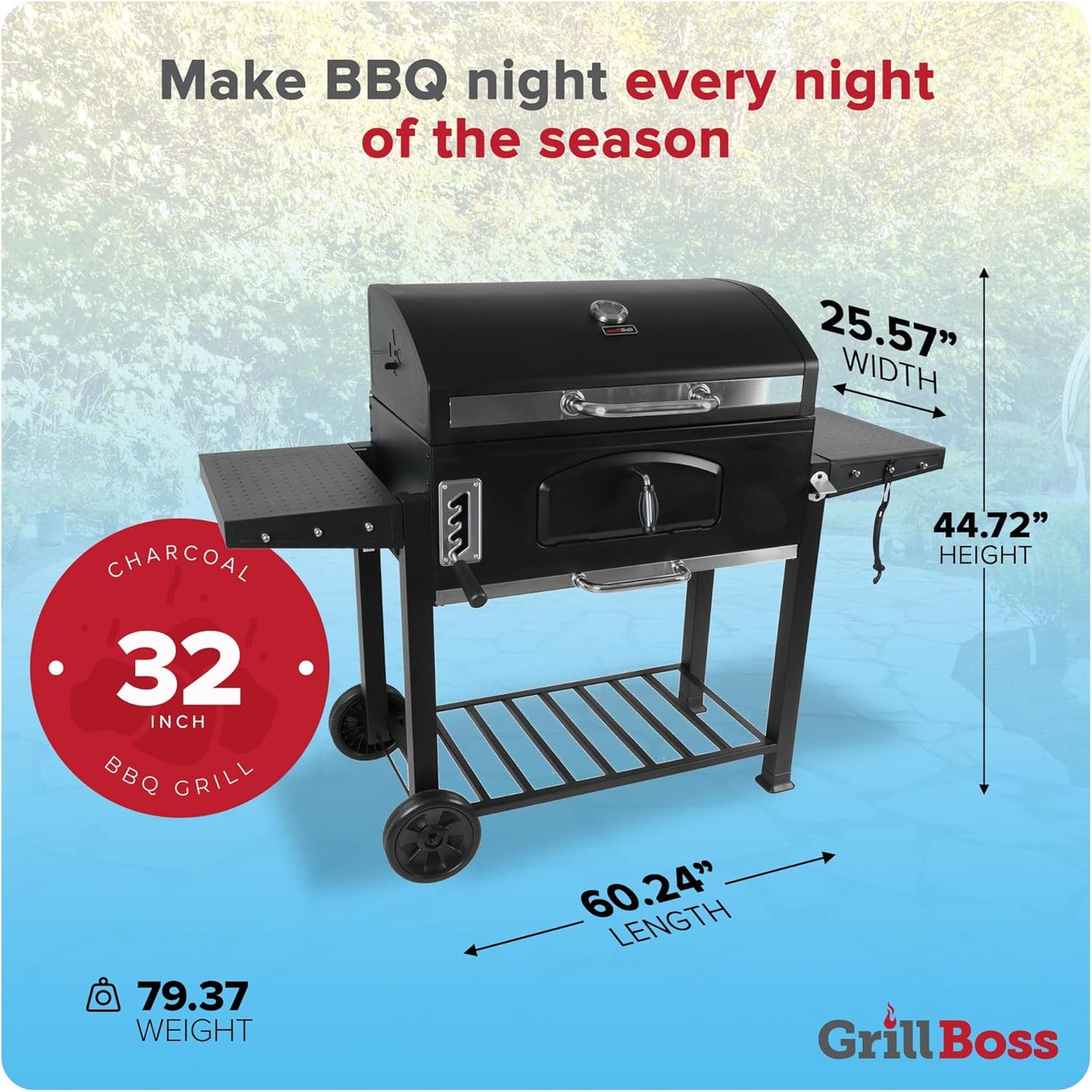 Grill Boss Charcoal Grill with Large 32-Inch Cooking Area - Includes Warming Rack, Side Shelves, Bottom Storage and Wheels for Outdoor BBQ, Tailgating, Camping & Backyard Grilling
