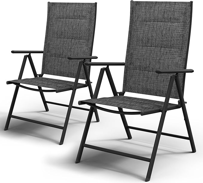 UDPATIO Patio Folding Dining Chairs Set of 2, Folding Lawn Chairs for Adults with Padded All Weather Breathable Textilene, Portable Chairs with Steel Frame, No Assembly, Dark Grey