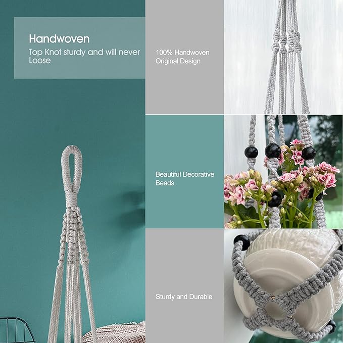 RIFNY Macrame Plant Hanger for 5 to 10 Inch Plant Pots, 35 Inch Indoor Handmade Woven Rope Hanger Kits with Hooks and Wood Beads, Hanging Planter Basket Holder for Boho Home Decor (Grey, 3 Pack)
