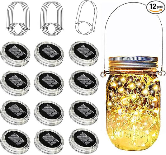 Solar Mason Jar Lid Lights 12 Pack 30 LED Firefly Fairy String Lights, Waterproof Outdoor Solar Lights with Hangers for Regular Mouth Jars (No Jars Included)