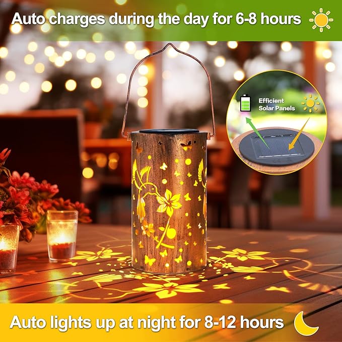 Mothers Day Gifts, Solar Lanterns Outdoor Hanging, Hummingbird Hollowed-Out Metal Waterproof LED Garden Decor Light for Patio Yard Pathway Lawn Front Porch, Birthday Gifts for Women Mom Grandma