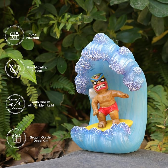 Solar Tiki Statue Decor-Garden Statue Outdoor Ornaments - Tiki Man Surfing Waterproof Decoration Figurine for Tiki Bar,Patio,Balcony,Yard,Lawn,Table