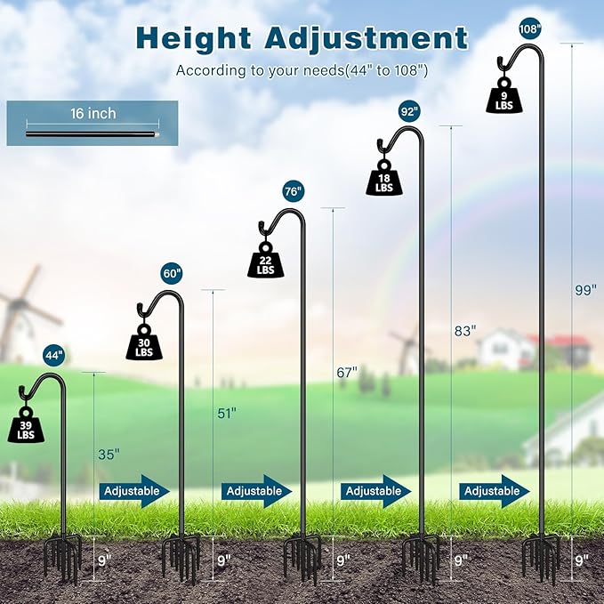 Gtongoko 2 Pack 108 Inch Tall Shepherds Hooks for Outdoor Bird Feeders, Heavy Duty Bird Feeder Pole Stand, Adjustable Hanger for Plant, Lights, Lanterns Wedding Decor with 7 Prongs Base