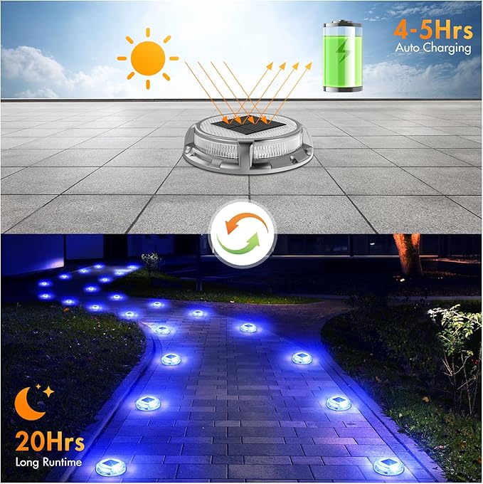 Quntis Solar Deck Lights for Outside, 3 Color Modes Solar Driveway Lights Outdoor IP68 Waterproof, Deck Light for Stair Pathway Walkway Road (Blue/Cool White/Warm White) 8 Pack