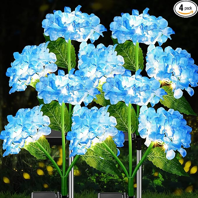 Treela 4 Pack Solar Lights Flowers Outdoor Waterproof Hydrangea Garden Stake Lights Realistic LED Flowers Powered Decorative Ground Solar Flower for Lawn Yard Backyard Decoration Gift(Blue)