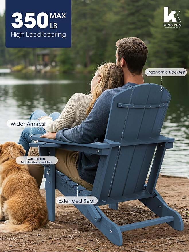 KINGYES Folding Adirondack Chair with Dual Cup Holders - HDPE All-Weather Outdoor Chairs, Wood-Like Patio Chair for Backyard, Camping, Pool & Fire Pit, Navy