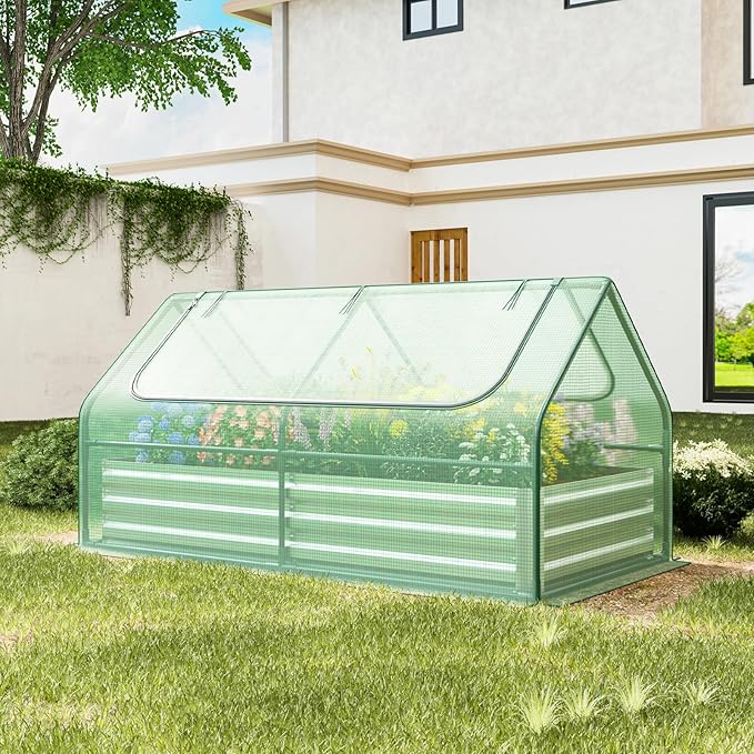 SAFSTAR Raised Garden Bed with Cover, 6FT x 3FT x 3FT Galvanized Bottomless Garden Bed with Greenhouse, Dual 2-Tier Roll-Up Windows, Outdoor Metal Planter Box Kit with Cover (Green)