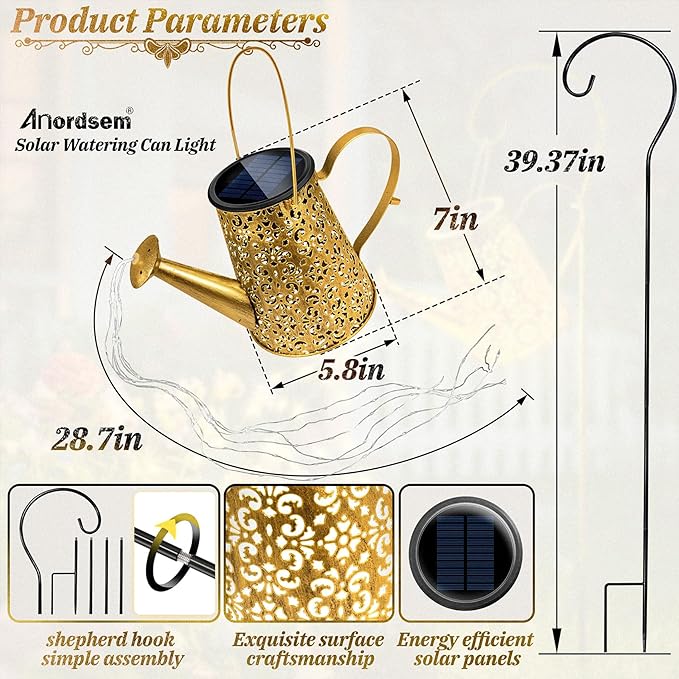 Anordsem Solar Watering Can Lights: Garden Light Waterproof Outdoor Yard Decoration - LED Fairy Hanging Lantern with Hook Patio Path Proch Decor - Gardening Gifts for Women Mom Grandma