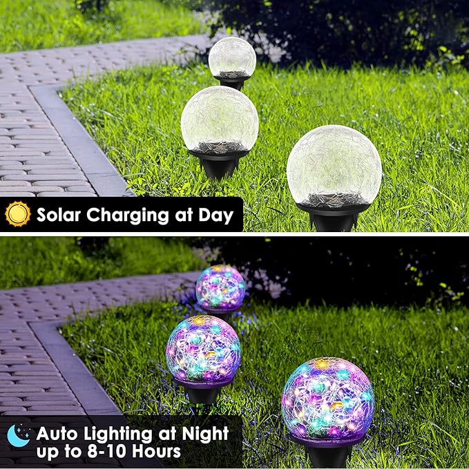Solar Garden Lights, 4 Pack 120 LED Multicolor Cracked Glass Solar Outdoor Lights Decorative, Upgraded Waterproof Ball Lights for Yard Pathway Patio Lawn Christmas Outside Decor, TYN2023-5