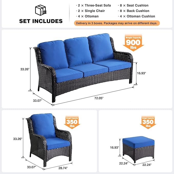 ovios 8 Pieces Patio Furniture Set, Outdoor Wicker Sofas with 2 Chairs, 4 Ottomans and Comfy Cushions, All Weather High Back Couch Set for Deck Porch, Brown Rattan, Navy Blue