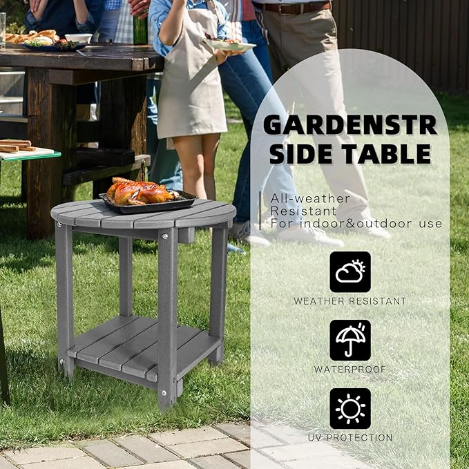 Adirondack Round Outdoor Side Table 2-Tier Storage Patio Side Table, HDPE End Tables for Backyard Pool Porch Garden Lawn (Grey)