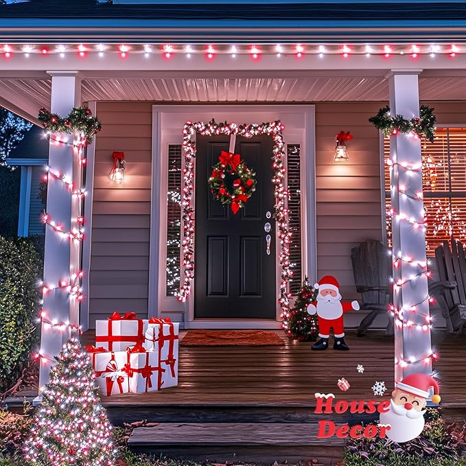 JMEXSUSS 500 LED Red and White Christmas Lights, 173ft 8 Modes Christmas String Lights Outdoor Waterproof Plug in Christmas Tree Lights for House Xmas Tree Party Holiday Decor