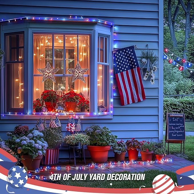 JMEXSUSS 400 LED Red White and Blue Lights Outdoor, 132FT 4th of July Lights Indoor, 8 Modes Patriotic String Light for Memorial Day Independence Day Decoration