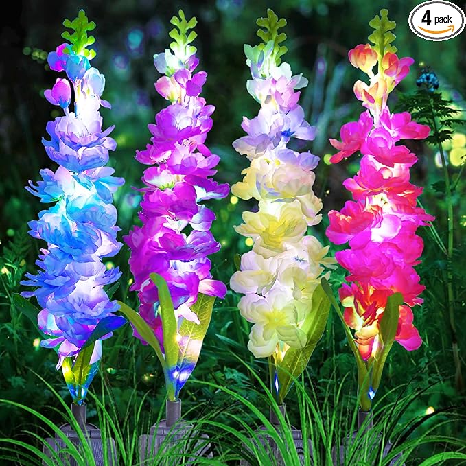 Solar Garden Lights, Solar Delphinium Flowers Lights 4 Pack 80 LEDs, Waterproof Solar Outdoor Lights Two Lighting Modes for Outside Wedding Party Garden Yard Patio Lawn Decor