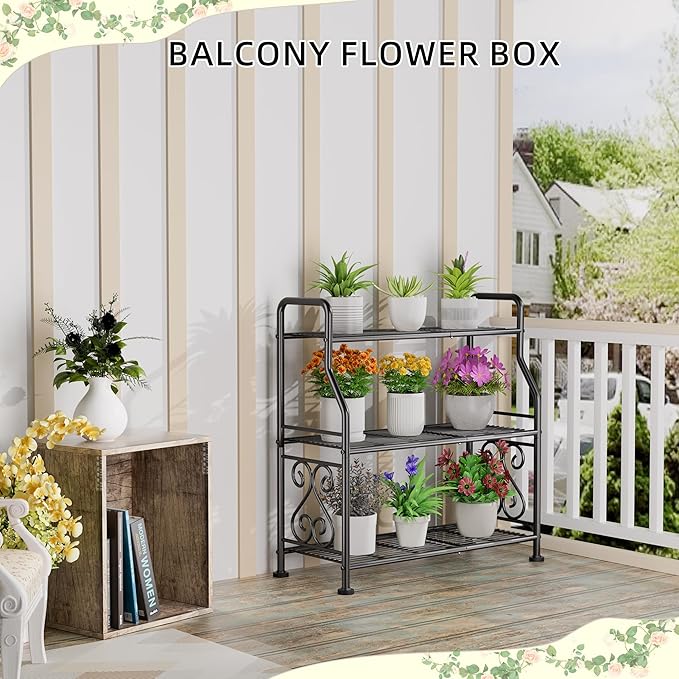 GIOTORENT Plant Stand Outdoor Indoor 3 Tier Metal Waterproof - 29.1" Plant Shelf for Patio, Balcony, Living Room, Large Capacity Tiered Plant Rack, Black