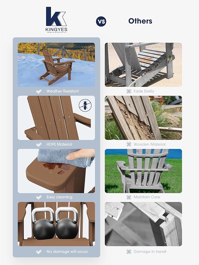 KINGYES Folding Adirondack Chair, Dual Cup Holders & All-Weather HDPE, Wood-Like Patio Chair, Brown