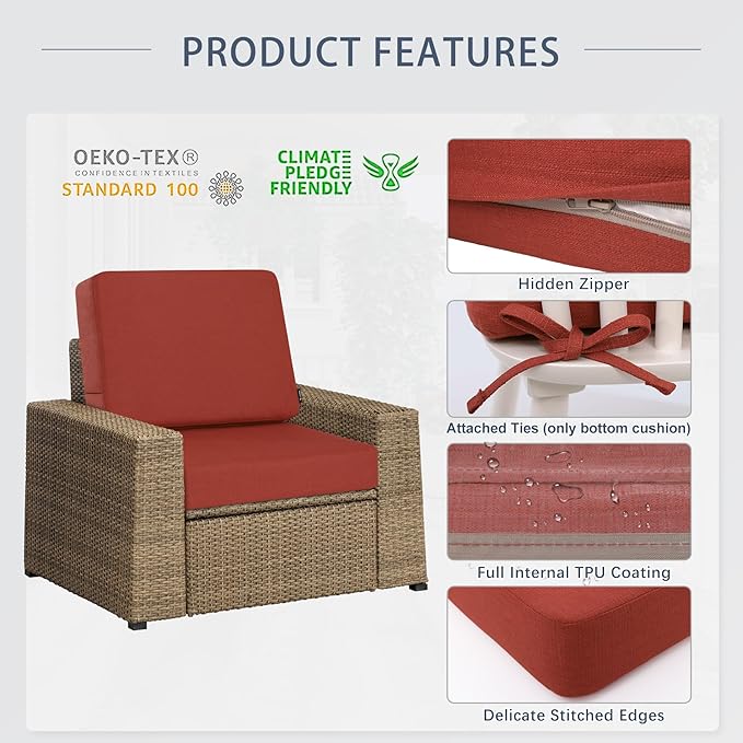 Favoyard Outdoor Deep Seat Cushion Set, 19 x 19 Inch Rainproof & 3-Year Fade Resistant Patio Furniture Cushions, Removable Seat Bottom & Back Cushion Covers with Ties for Chair, Sofa, Couch, Red