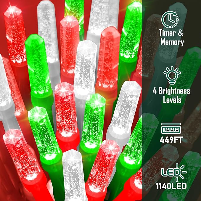 Heceltt 1140 LED 449 FT String Lights Outdoor, 8 Modes Christmas Lights Plug in, IP44 Waterproof Led String Lights with Timer and Memory for Home Party Tree Decorations (Red Green and White)