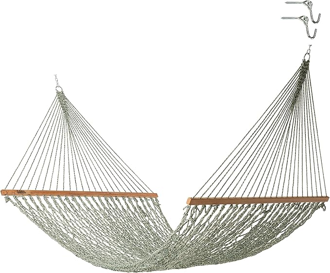 Hatteras Hammocks Deluxe Green Oatmeal Heirloom Tweed DuraCord Rope Hammock – 13 ft. x 60 in., 2-Person, 450 lb Capacity, Cumaru Spreader Bar, Zinc-Plated Hardware – Handcrafted in The USA