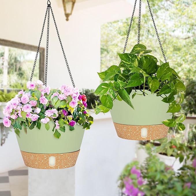 QCQHDU 2 Pack 8 inch Hanging Planters for Indoor Plants, Outdoor Hanging Baskets, Self Watering Pots with Drainage Holes & Removable Tray (Green, 8 inch)