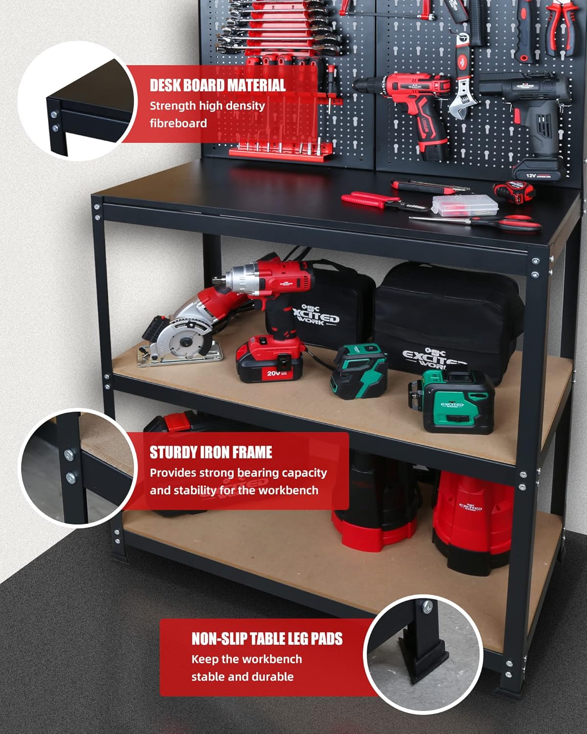 31.5 Inch Workbench with Peg Board, Multipurpose Tool Organizer and Work Bench with Double Storage Platform, Workbench in Garage Workshop