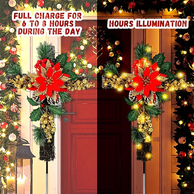 Ganeen 2 Pcs Solar Stake Christmas Outdoor Decorations Christmas Yard Stake Decor LED Lights Cemetery Grave Cross Poinsettia Decor for Holiday Garden Pathway Lights (Poinsettia)