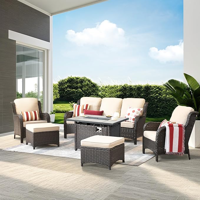 ovios 6 Pieces Patio Furniture Set with 42" Fire Pit Table, Outdoor Wicker Sofa with Ottomans, Comfy Cushions, High Back Couch Conversation Set, Brown Rattan, Beige