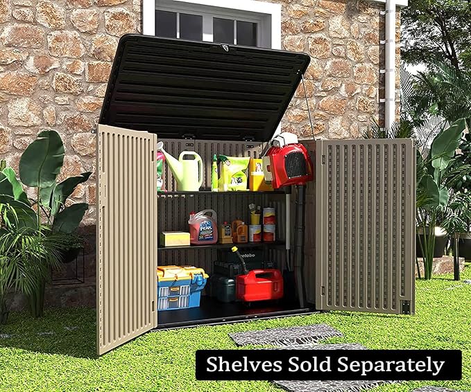 HOMSPARK Storage Shed Weather Resistance, Multi-Purpose Outdoor Storage Cabinet for Backyards and Patios, Horizontal Storage Shed for Lawnmower, Patio Accessories (Coffee, X Large - 48 cu.ft)