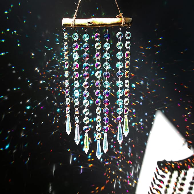 Hanging Crystal Prism Suncatcher Ornament Crystal Wind Chimes Colorful Glass Beads Chain Pendant Decorative