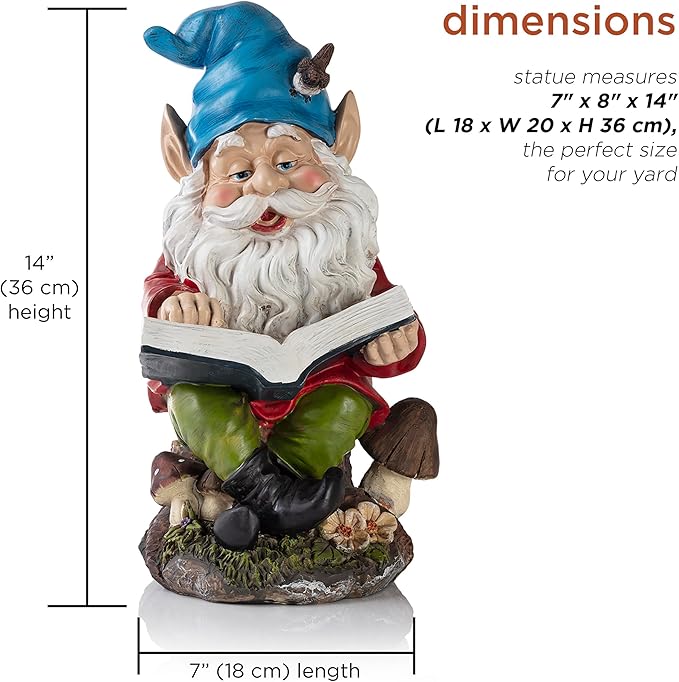Alpine Corporation 14" Tall Outdoor Garden Gnome Reading a Book Yard Statue Decoration