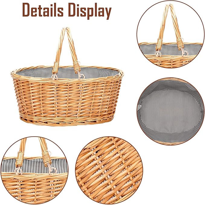 Wicker Picnic Basket with Double Folding Handles, Natural Large Willow Hamper Empty Basket Cheap Easter Eggs Candy Storage Wine Basket for Toy, Flower, Wedding（Grey 16inch）