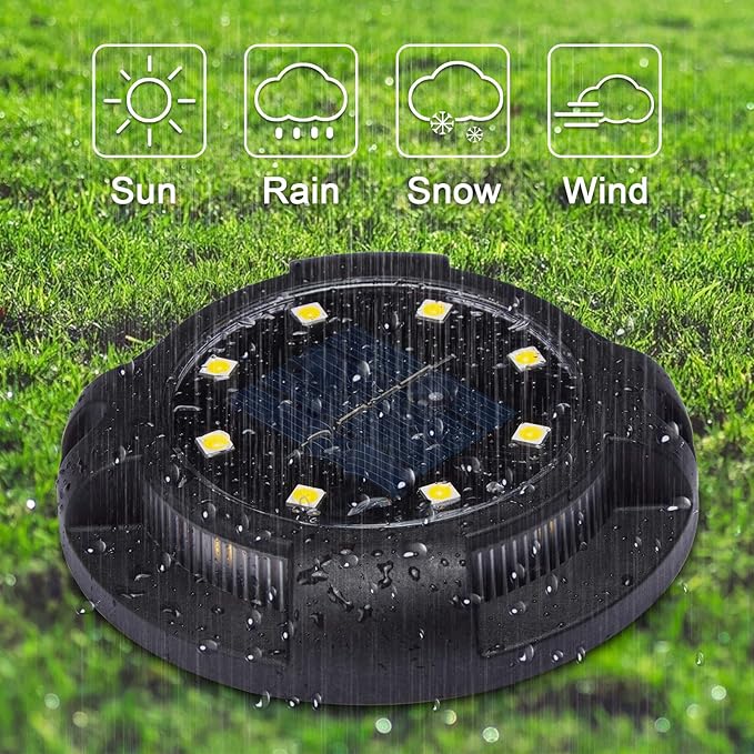 Solar Ground Lights Outdoor 12 Packs 12 LED Disk Lights Solar Powered Waterproof New In-ground Lights For Garden Deck Stair Step Lawn Patio Driveway Walkway Pathway Yard decoration(Warm Light,12Pack)