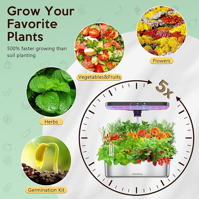 Hydroponics Growing System Herb Garden - HidroPony 15 Pods Indoor Gardening System with Grow Light, Stainless Steel Plants Germination Kit with Quiet Pump System, Gardening Gifts for Women