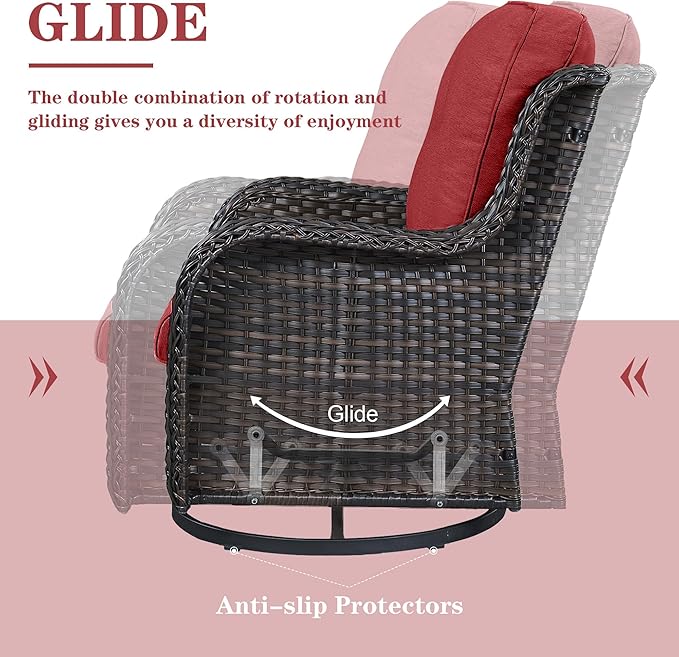 5 Piece Outdoor Patio Furniture Set - Wicker Furniture Patio Conversation Set, Outdoor Swivel Rocker Chairs with 3-Seater Sofa and 2 Ottomans for Small Space, Red Cushion