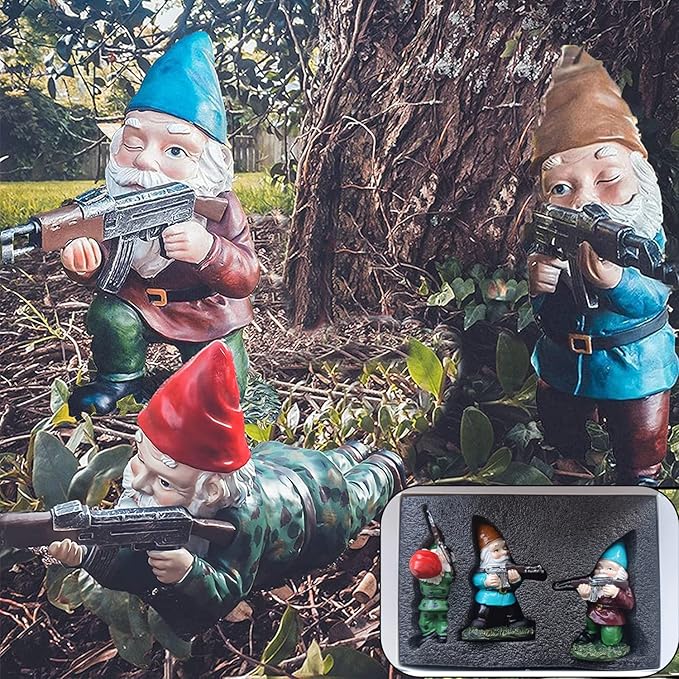 Garden Gnomes, 4.5inch Gnome Statues, Military Gnome with Gun, Funny Army Gnomes Decorations for Yard, Indoor Outdoor Halloween Christmas Thanksgiving Gifts (Red+Yellow+Blue)