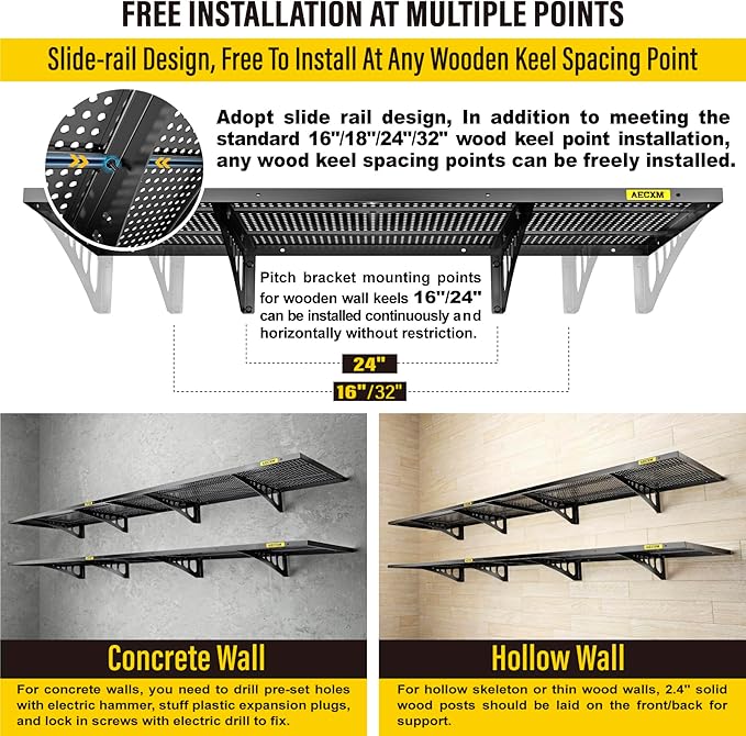 4-Pack 1.64x4ft Adjustable Garage Wall Shelving 1120lbs Load Capacity Heavy Duty Wall Mounted Storage Shelf Metal Floating Shelves for Garage(Black)