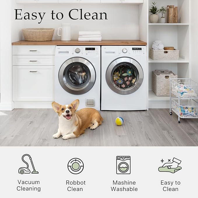 GENIMO Indoor Outdoor Area Rug 2' X 10' Waterproof, Washable Runner Rug Non Shedding, Easy Cleaning Floral Outdoor Carpet for Patio, Living Room, Bedroom, Entryway, Porch, Dining Room, Black